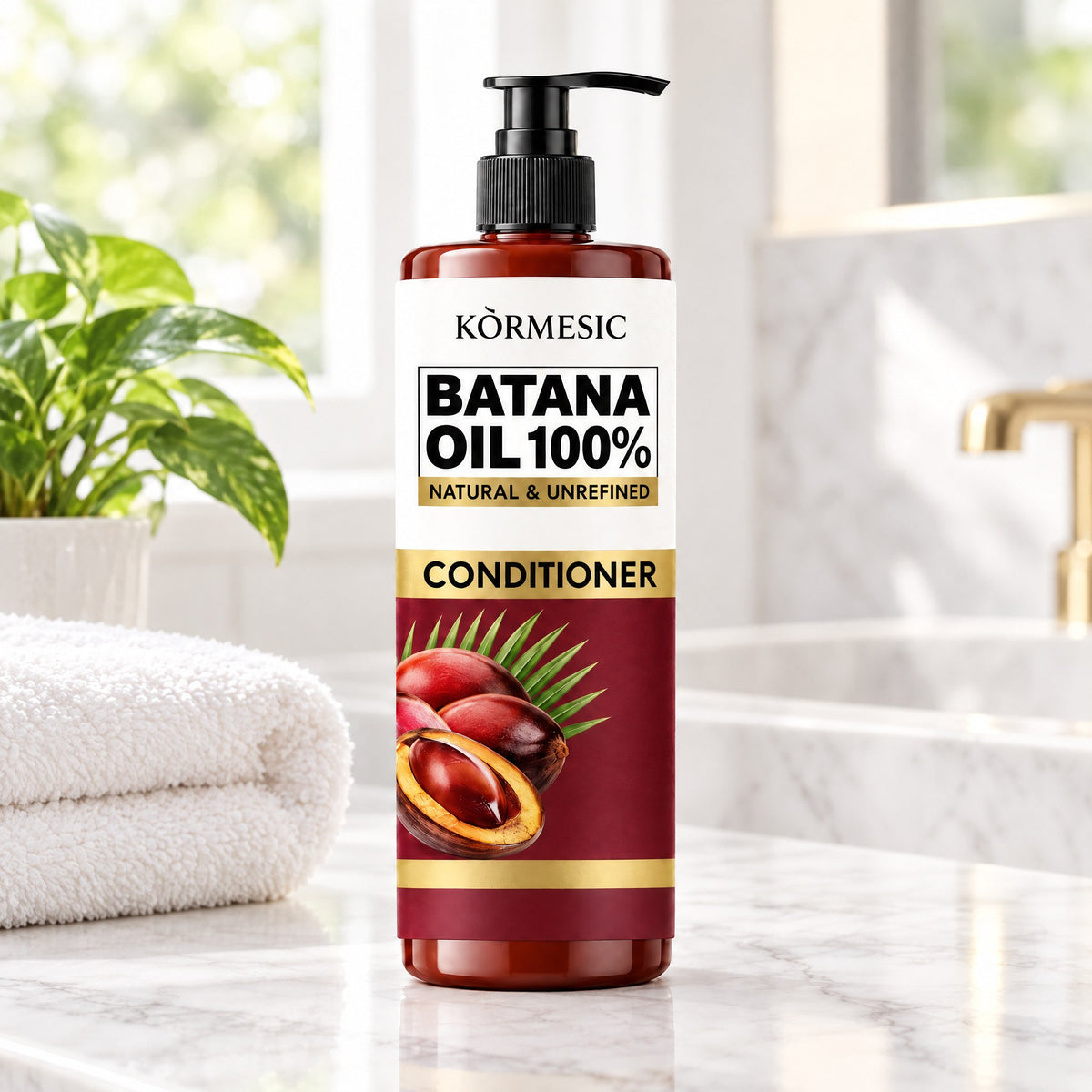 KÒRMESIC 100% Pure Batana Conditioner, on a bathroom vanity