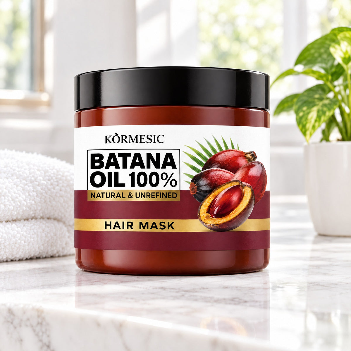 KÒRMESIC 100% Pure Batana Hair Mask, on a bathroom vanity