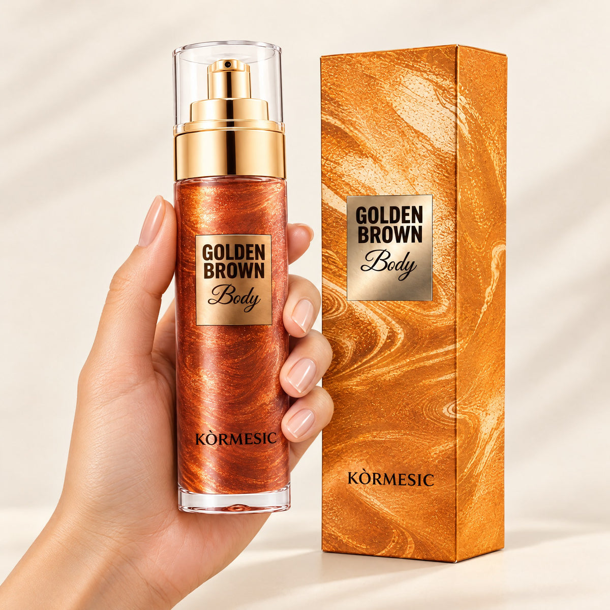 KÒRMESIC Golden Brown Body Highlighting Oil, shown in hand