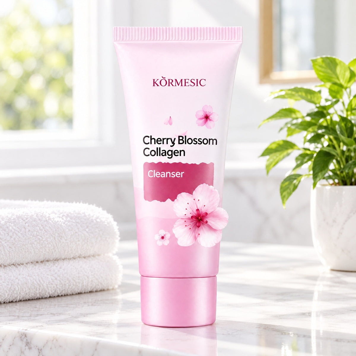 KÒRMESIC Cherry Blossom Collagen Cleanser, on a bathroom vanity