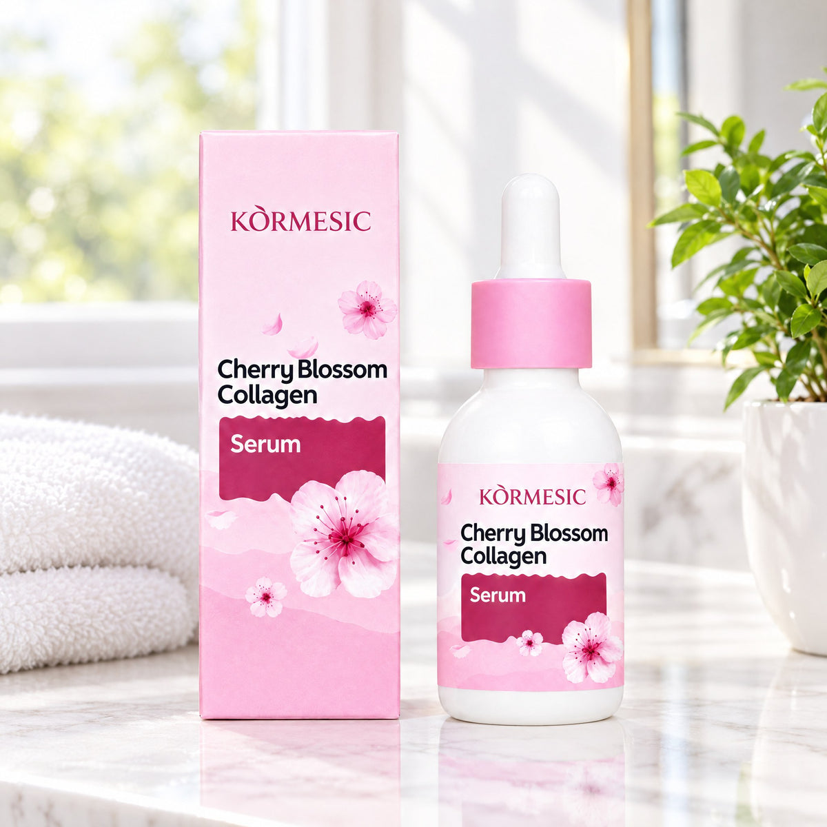 KÒRMESIC Cherry Blossom Collagen Serum, on a bathroom vanity