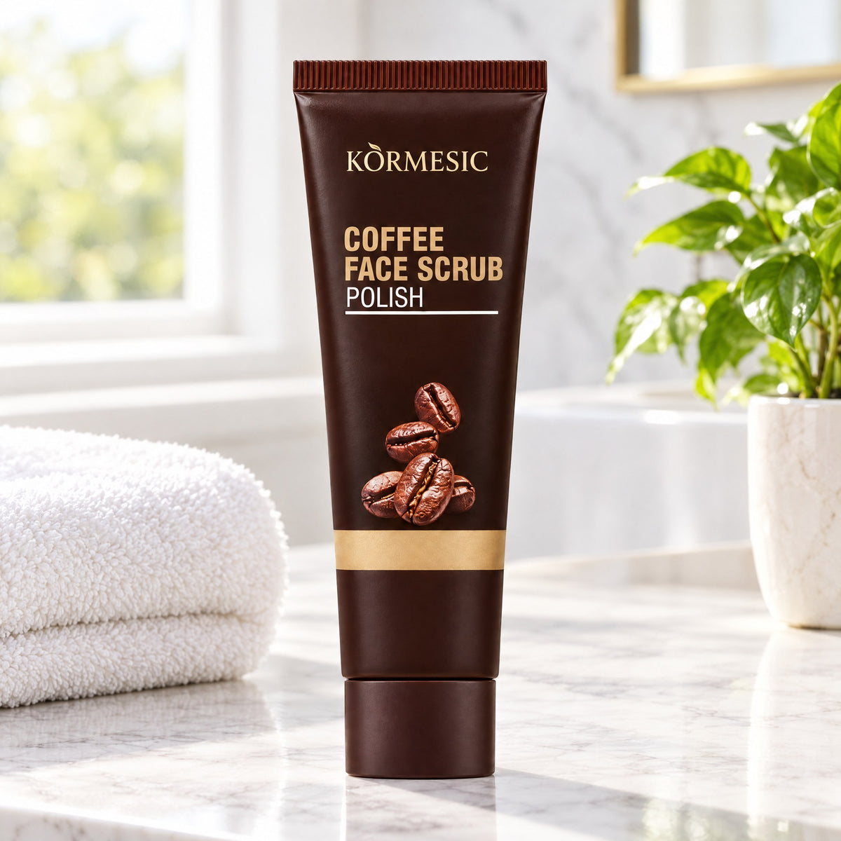 KÒRMESIC Coffee Facial Scrub Cleanser, on a bathroom vanity
