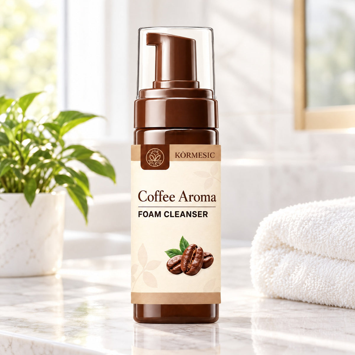 KÒRMESIC Coffee Foam Cleanser, on a bathroom vanity