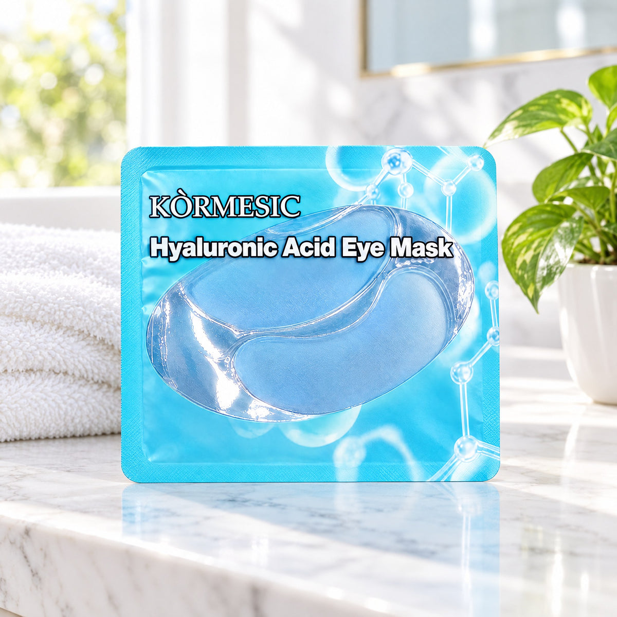 KÒRMESIC Hyaluronic Acid Eye Mask, on a bathroom vanity