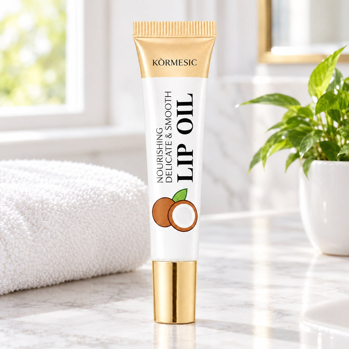 KÒRMESIC Coconut Lip Oil, on a bathroom vanity