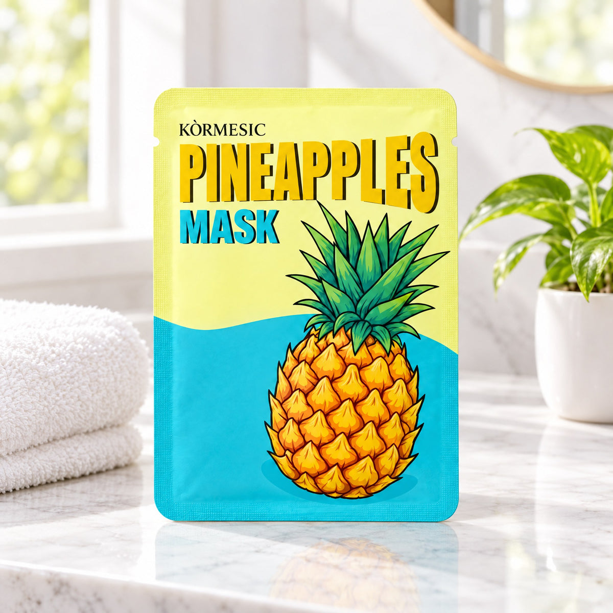KÒRMESIC Pineapple Blemish Brightening Mask, on a bathroom vanity