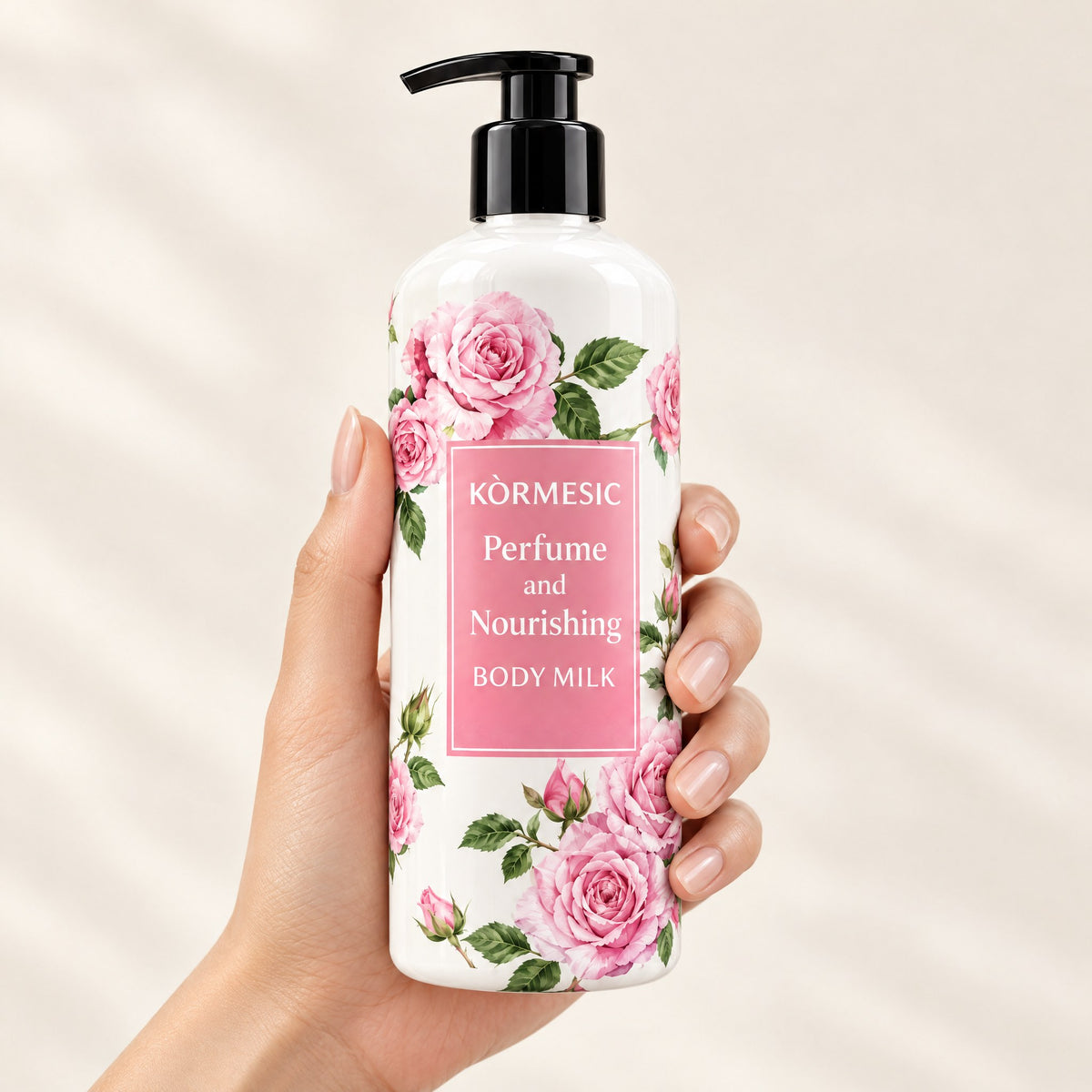 KÒRMESIC Rose Perfume Nourishing Body Milk, shown in hand