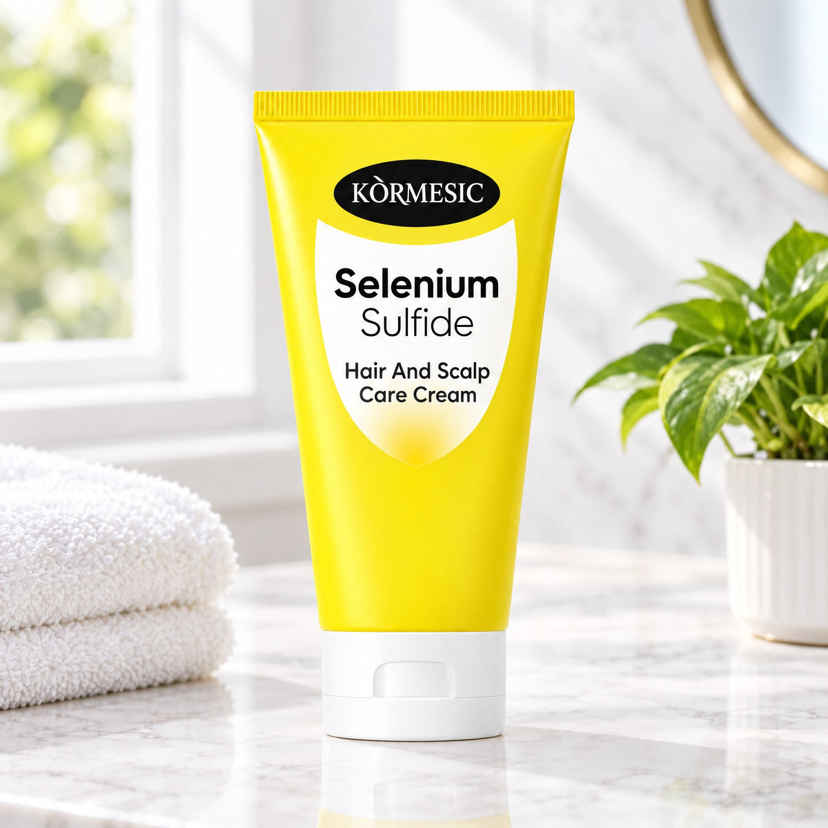 KÒRMESIC Selenium Sulfide Scalp Care Cream, on a bathroom vanity