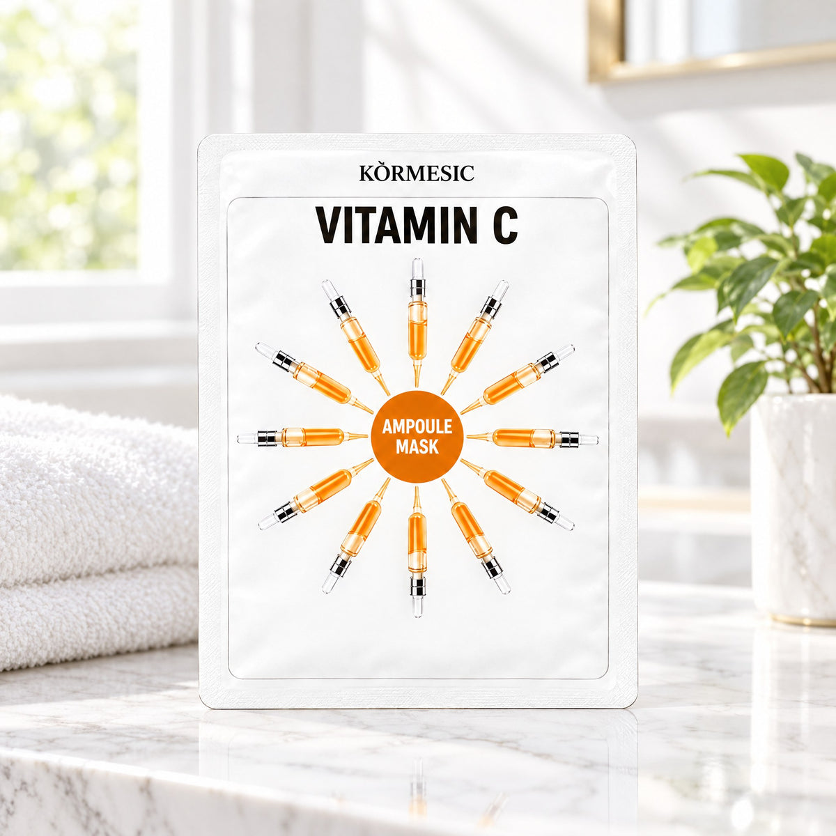 KÒRMESIC Vitamin C Ampoule Mask, on a bathroom vanity